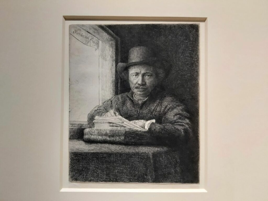 Rembrandt, Selbstbildnis, radierend am Fenster, 1648